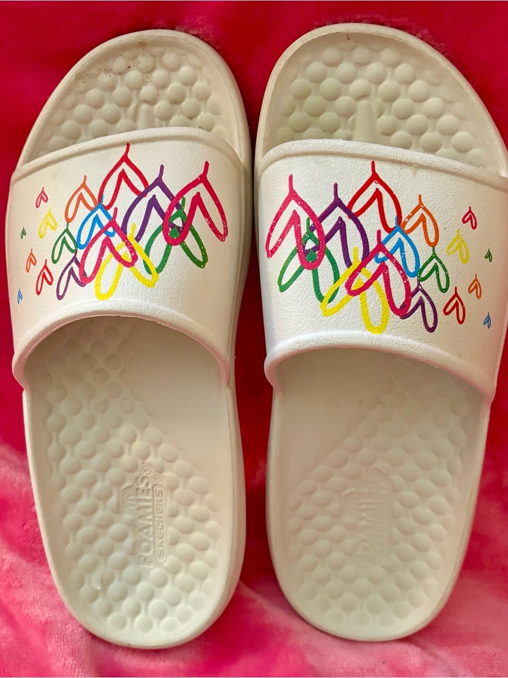 Skechers White Slide Sandals with Rainbow Heart Design - Picture 2 of 5